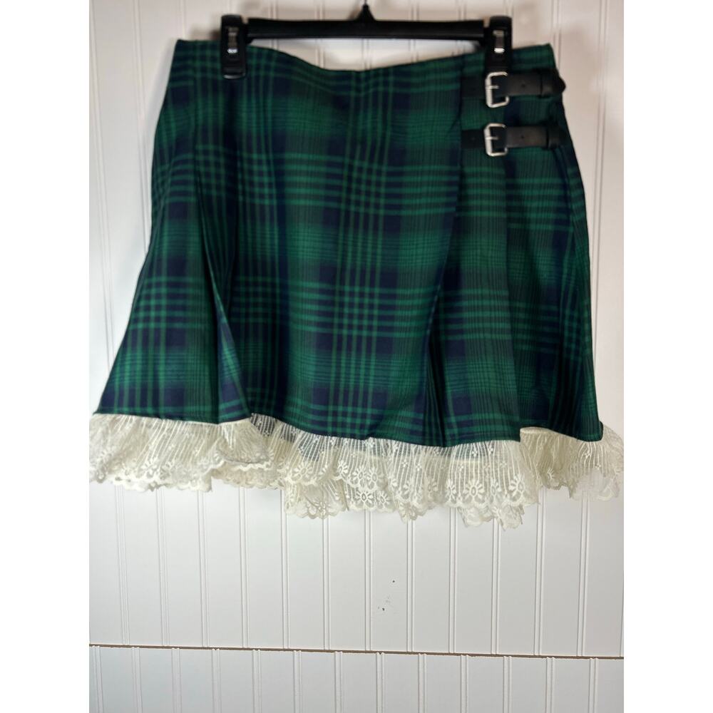 RSQ Green and Navy Plaid Midi Skirt with Lace Trim